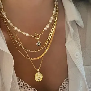 Evil Eye Pearl Pendant Layered Necklace Set 4 Chains, 18K Gold Plated Alloy, 40+5cm Adjustable, French Vintage Boho Charm Necklace for Women