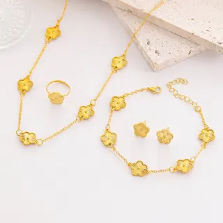 Lucky Clover Jewelry Set for Women - Gold Plated Alloy Necklace Bracelet Earrings Ring 4-Piece Set, Elegant Fashion Gift