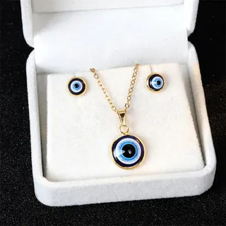 Evil Eye Necklace and Earrings Set, 18K Gold Plated Stainless Steel, Blue Resin Evil Eye Pendant, Boho Retro Lucky Charm Jewelry Gift for Women