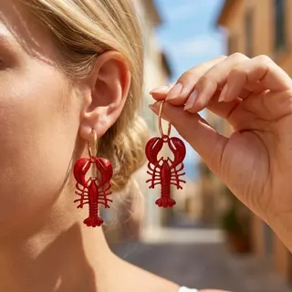 Red Lobster Earrings for Women, Vacation Style Alloy Dangle Earrings with 18K Gold Plated Hook, Boho Ocean Statement Earrings, Beach Summer Jewelry 6.8cm
