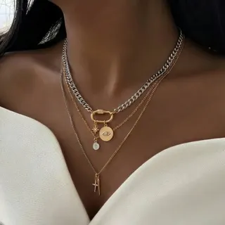 Evil Eye Multi-Layer Chain Necklace, Alloy 18K Gold Plated Curb Chain with Cross & Star Charms, 36+5cm Y2K Boho Long Necklace for Women