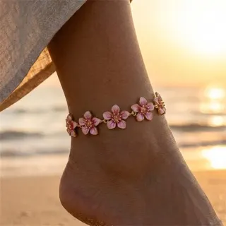 Pink Flower Anklet for Women, Enamel Drip Blossom Chain Bracelet, 18K Gold Plated Zinc Alloy, Adjustable 20+5cm Beach Summer Jewelry