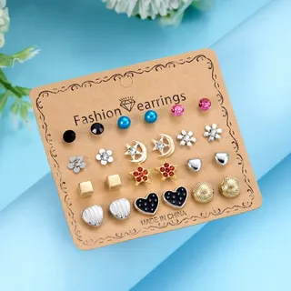 12 Pairs Fashion Earrings Set, Moon Butterfly Flower Star Rose Stud Earrings, Alloy with Rhinestone, Gold Silver Black, Sweet Ins Style, Gift for Women Girls