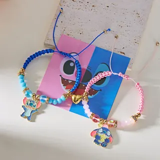 Stitch Cartoon Braided Couple Bracelet, Blue & Pink Adjustable Wristband with Alloy Charm, 18-30cm, Disney-Inspired Gift for Her & Him