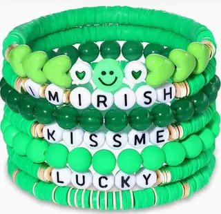 Green Clay Bead Bracelet Set of 7 - I M IRISH KISS ME LUCKY Letter Charm Bracelets, St. Patrick's Day Lucky Beaded Bracelets for Women Girls, Gift Stackable Wristbands