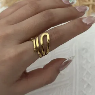 Gold Wave Geometric Line Ring - Stainless Steel 18K Gold Plated, Wide Open Band, Minimalist Stackable Finger Ring for Women