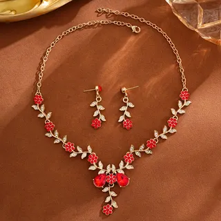 Vintage Red Floral Rhinestone Necklace & Earring Set, 18K Gold Plated Alloy with Micro-Pavé Crystal Vine & Teardrop Pendant, 3-Piece Bridal Party Jewelry Gift