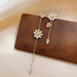 Asymmetric Daisy Butterfly Long Tassel Earrings, Gold Alloy with Rhinestone, Sweet Elegant Dangle Earrings for Women (Pair)