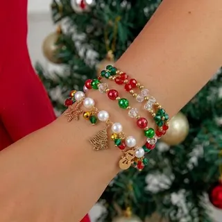 Christmas Bracelet Set for Women 3pcs - Christmas Tree Snowman Snowflake Charm, Pearl & Crystal Beaded Bracelet with Bell, Red Green Holiday Jewelry Gift