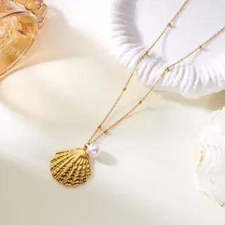 Vintage Shell Necklace for Women, 18K Gold Plated Stainless Steel with Fake Pearl, Ocean Style Elegant Clavicle Chain, Adjustable 40+5cm