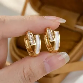 Luxury French Vintage Shell Mother-of-Pearl & CZ Hoop Earrings, 18K Gold Plated Copper, Rectangle Pave Stud Clip Earrings, 1.5x0.7cm Pair