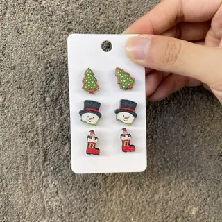 Christmas Wooden Earrings 3 Pairs Set - Santa Gift Box & Stocking Studs, Cute Festive Red Green Holiday Jewelry for Women Girls