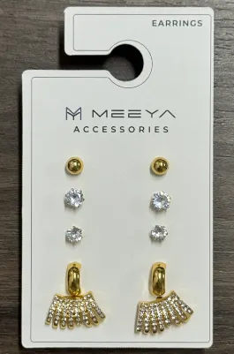 18K Gold Plated Zircon Earrings Set - 5 Pairs Combo Studs & Fan Tassel Hoops, Copper Base, Hypoallergenic, for Wedding Party Daily Wear