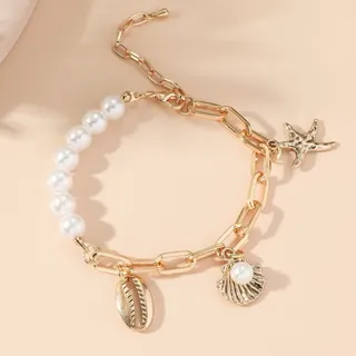 Ocean Style Pearl Bracelet for Women - Gold Chain with Starfish & Seashell Charms, Imitation Pearl Beads, Adjustable 18K Gold Plated Alloy Beach Jewelry