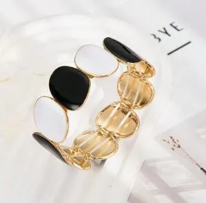 Geometric Candy Color Oval Enamel Wide Cuff Bracelet, Black & White 18K Gold Plated Zinc Alloy, French Vintage Statement Bangle for Women