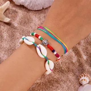 3-Piece Shell & Turtle Beaded Bracelet Set - Natural Cowrie Shell + Woven Rope + Blue Beads with Silver Turtle Charm, Adjustable Boho Beach Jewelry for Women