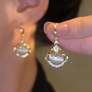 New Chinese Style Ruyi Peace Lock Cat's Eye Earrings, Luxury Zircon Dangle Ear Hooks, Gold Plated Alloy Drop Earrings for Women, Gift for Her