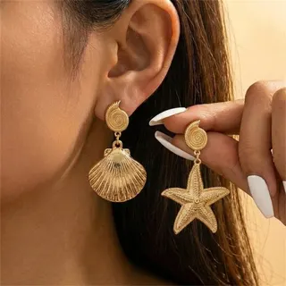 Boho Sea Star & Shell Drop Earrings, Gold Alloy Asymmetrical Dangle Earrings, Vintage Beach Vacation Jewelry, 7.8cm