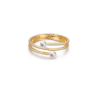 Double Layer Pearl Bracelet, Open Cuff Bangle with Imitation Pearls, 18K Gold Plated Alloy, Elegant Stackable Women's Jewelry