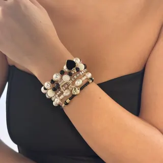 5-Piece Pearl Beaded Bracelet Set, Gold Alloy & Crystal Heart Charm, Boho Layered Handmade Beaded Bracelets, Brown White Gold, Gift for Women