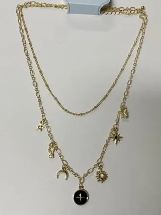 Boho Vintage Layered Necklace, 18K Gold Plated Alloy, Star Moon Sun Charms with Black Cross Pendant, Long Statement Chain for Women