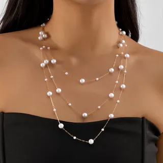 Layered Pearl Necklace Women - 3-Tier Long Chain with Imitation Pearls & 18K Gold-Plated Chain, French Vintage Elegant Collarbone Chain for Dress & Daily Wear