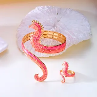 Pink Seahorse Open Cuff Bracelet & Ring Set, Enamel 18K Gold Plated Adjustable Ocean Style Jewelry Gift Set for Women
