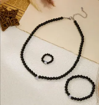 French Vintage Gray Imitation Pearl Jewelry Set - Necklace Bracelet Ring with Zircon Drop Pendant, Bridal Bridesmaid Commute Accessories 3-Piece Set