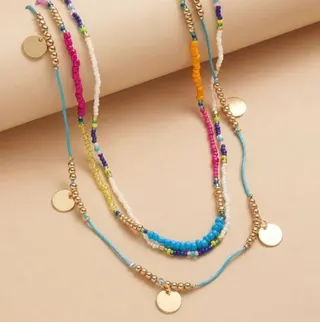 Boho Multi-Layer Beaded Necklace with Round Disc Charm, Colorful Seed Bead 3-Layer Long Necklace, Alloy 18K Gold Plated, 45+7cm Adjustable, Summer Beach Jewelry for Women