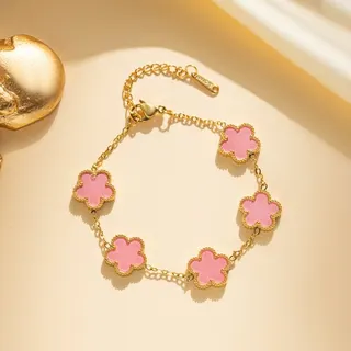 Lucky Clover Five-Petal Flower Stainless Steel Bracelet, Vintage French Chic Women's Chain Bracelet, Hypoallergenic Tarnish-Free, Adjustable 17+5cm