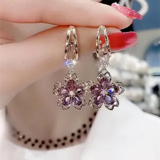 Purple Crystal Flower Earrings - French Vintage Rhinestone Petal Hoop Dangle Earrings, Alloy 18K Gold Plated, Elegant Bridal Party Jewelry
