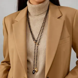 Black Beaded Heart Crystal Y-Shape Tassel Long Necklace 83cm 2-Piece Set, Alloy Gold-Plated, Elegant Commute Sweater Chain for Blazer & Turtleneck
