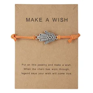 Make a Wish Hamsa Hand Bracelet - Antique Silver Alloy Palm Charm with Orange Braided Cord, Adjustable 15-27cm, Boho Lucky Protection Gift for Women