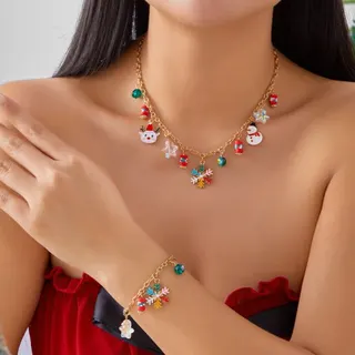 Christmas Tree Santa Claus Boot Snowflake Pendant Necklace & Bracelet Set, 18K Gold Plated Alloy, Colorful Enamel, Festive Sweet Jewelry Gift for Women, 38+5cm / 16+5cm
