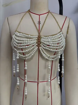Pearl Beaded Bustier Body Chain, Halter Neck Fringe Torso Chain with Starfish Shell Ocean Charms, Imitation Pearl + 18K Gold Plated Alloy, Bridal Bachelorette Beach Accessory