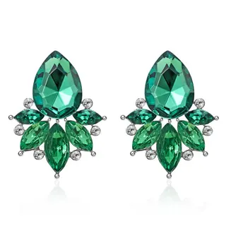 Emerald Green Crystal Flower Drop Earrings, Large Faceted Acrylic Teardrop Studs with Rhinestone Accents, Bridal Party Statement Earrings Pair