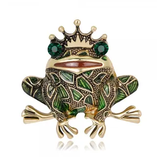 Frog King Brooch - Vintage Enamel Animal Pin with Crown, Antique Bronze Alloy with Gemstone Accents, Statement Lapel Brooch for Blazer & Bag, 4.1cm