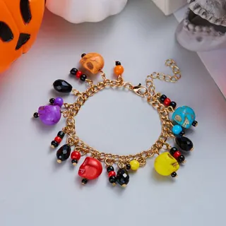 Halloween White Skull Crystal Bracelet - Gothic Dark Alloy Turquoise Bead Charm, Gold Plated Adjustable 16+5cm, Festival Party Jewelry