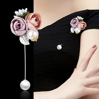 French Vintage Rose Fabric Flower Pearl Brooch Pin, White Gold Plated Alloy with Imitation Pearl & Cloth Roses, Long Pin Drop Design, Elegant Wedding Party Dress Accessory for Women