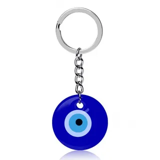 Evil Eye Blue Glass Pendant Keychain, Alloy + Glass 3.5cm Round Nazar Charm, Boho Protective Key Ring & Bag Accessory, Lucky Gift