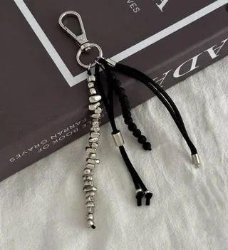 Silver Alloy Irregular Bead Tassel Keychain Charm, Black Braided Cord Handmade Luxury Bag Phone Key Holder, 14cm Minimalist Accessory