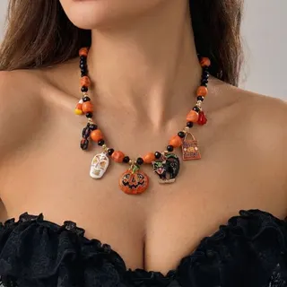 Halloween Necklace for Women Pumpkin Black Cat Skull Beaded Choker, Orange & Black Alloy Crystal Resin Charm Pendant, 40+5cm Adjustable, Party Costume Jewelry
