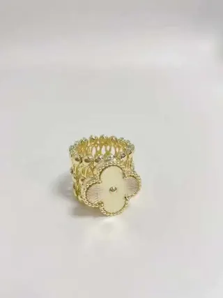 Clover Ring Women Luxury Vintage 18K Gold Plated Open Adjustable Ring, Pearl White Inlay with Rhinestone, Woven Mesh Wide Band, Lucky Four Leaf Clover Jewelry Gift