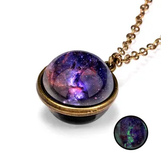 Galaxy Nebula Cosmic Glow-in-the-Dark Double-Sided Vintage Pendant Necklace, Alloy & Glass Starry Sky Retro Choker for Women, Mystical Zodiac Gift, 2x2cm 50cm Chain