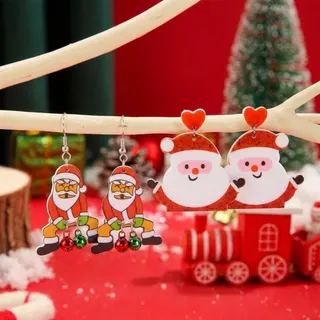 Funny Santa Claus Acrylic Earrings 2 Pairs Set - Cartoon Christmas Holiday Dangle Earrings with Bell & Heart, Lightweight Cute Party Jewelry for Women Girls, Festive Gift Accessory