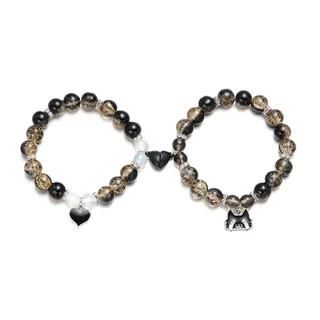 Cute Cat & Heart Magnetic Couple Beaded Bracelet Set of 2, Obsidian Gold Super Seven & Moonstone Beads, Alloy Charm, Adjustable Elastic String, Gift for Her