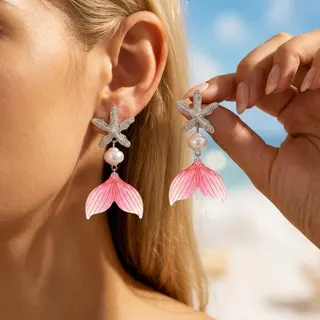 Mermaid Starfish Earrings - Gold Alloy Sea Star with Pearl & Blue Pink Gradient Acrylic Fish Tail Dangle Earrings, Beach Vacation Ocean Style Jewelry for Women