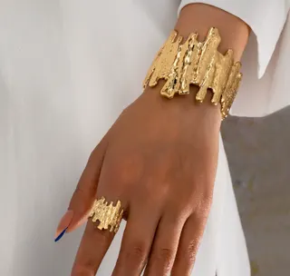 Gold Textured Irregular Cuff Bracelet & Ring Set - Open Adjustable Alloy Jewelry, Vintage Artistic Wide Band Two-Piece Set