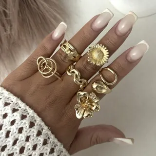 Gold Flower Geometric Ring Set of 6 - Open Adjustable Alloy 18K Gold Plated Statement Stacking Rings for Women