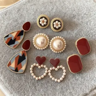 Vintage Pearl Earrings Set of 5 - Red Heart Geometric Studs & Hoops, 18K Gold Plated Alloy with Pearl, French Chic Jewelry Gift